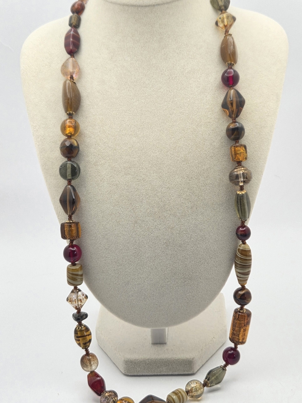 Vintage Multi-Shape Earth Tone Glass Bead Necklace 24" - Toggle Clasp